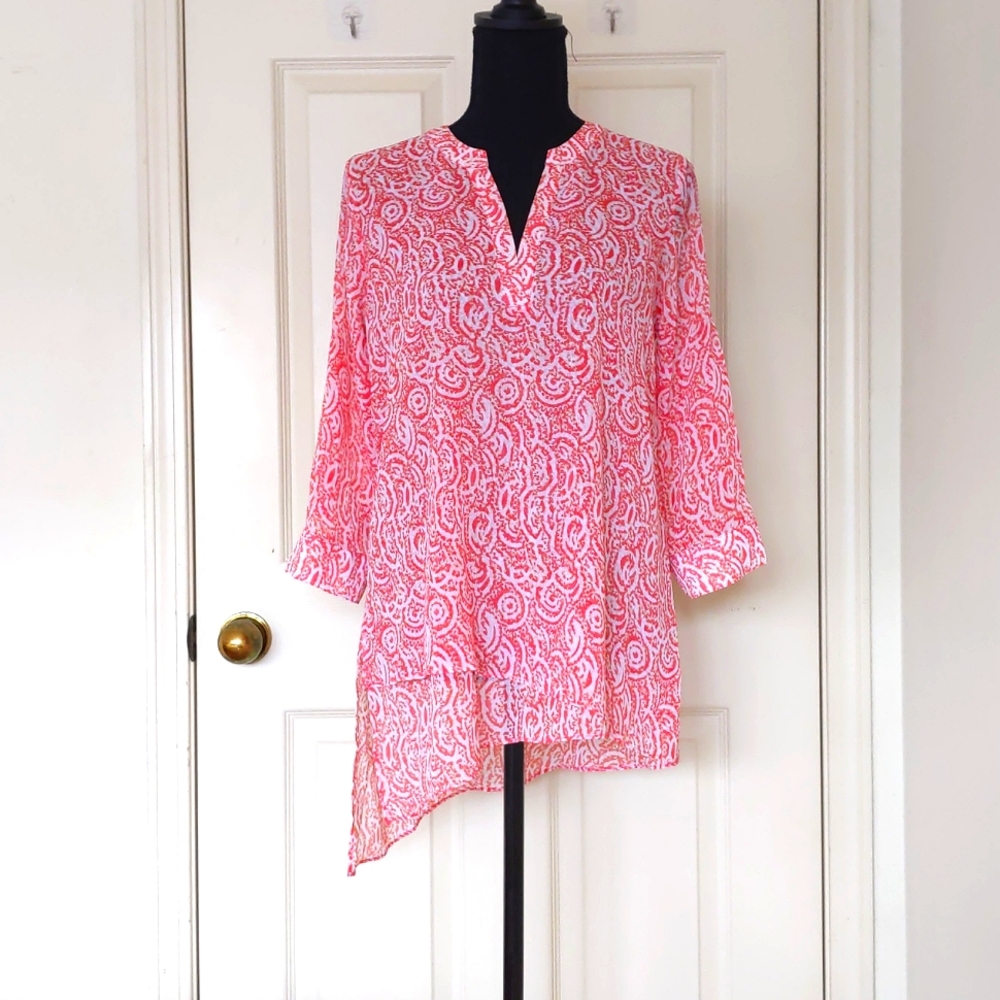 NWT The Limited Sheer Floral Uneven Length Loose Fit Tunic w/adjust 3/4 sleeve